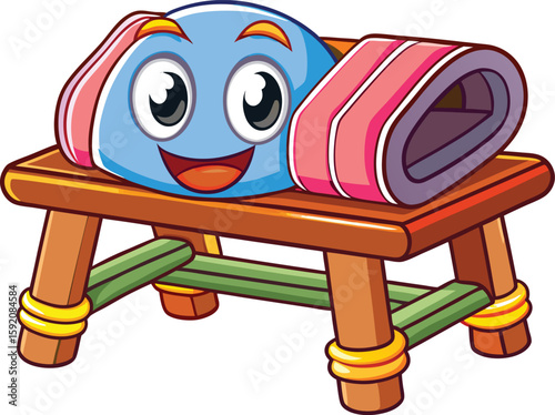 Kawaii sports bench with towel and smiling face, cartoon team equipment vector on white background
