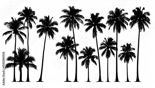 Silhouettes of various palm trees