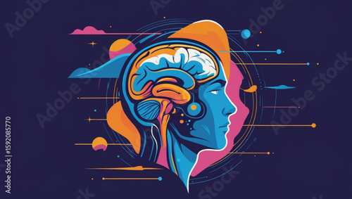 Abstract Vector Illustration of Human Brain, AI, and Consciousness
