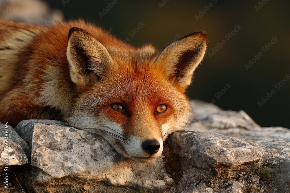 Obraz premium A red fox rests its head on a rocky surface eyes open illuminated by soft light