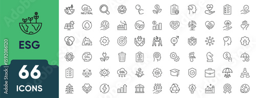 ESG Line Icon Set. Set of 66 outline icons including ecology, environment, social impact, governance, sustainability, ethics, and responsibility. Editable stroke. Linear vector illustration.