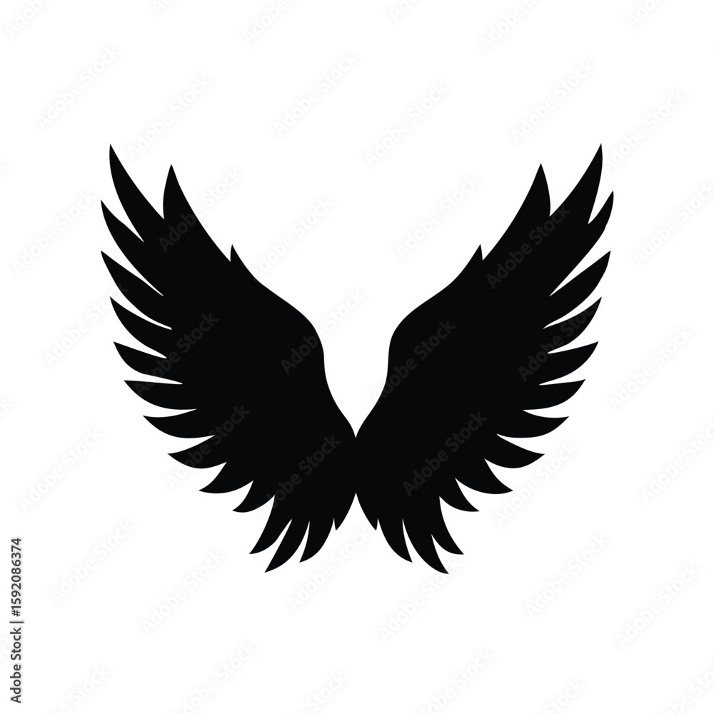 Obraz premium Black Angel Wings Silhouette Vector – Symmetrical Feathered Wing Icon on White Background