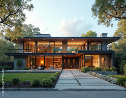 Modern Luxury House Exterior at Sunset - Stunning Contemporary Home Design