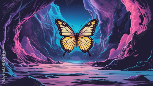 Glowing Butterfly in a Magical Cave