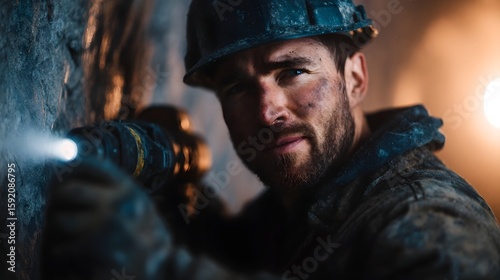 Worker operating drilling hine in tunnel wall