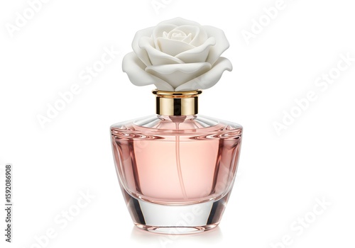 Elegant Perfume Bottle with White Rose Top - Fragrance, Beauty, Cosmetics, Floral Design.