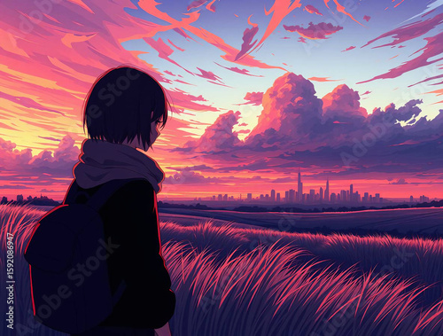 Modern flat design, vibrant complimentary colors, contrasting colors, balanced tones, simple two-dimensional shapes, silhouetted figure with medium hair, scarf, backpack, gazing at sunset