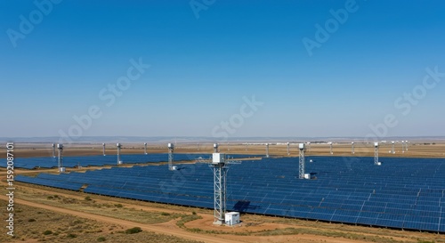 Large Solar Panel Array with Wind Turbines in Desert Landscape