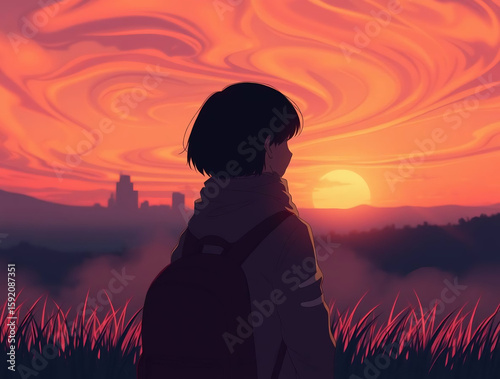 Modern flat design, vibrant complimentary colors, contrasting colors, balanced tones, simple two-dimensional shapes, silhouetted figure with medium hair, scarf, backpack, gazing at sunset