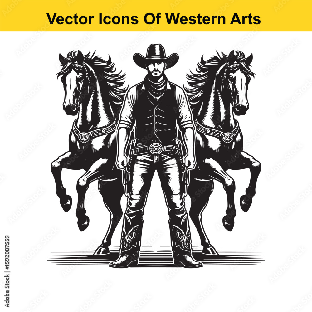 Fototapeta premium Cowboy with Two Rearing Horses – Black and White Western Vector Illustration