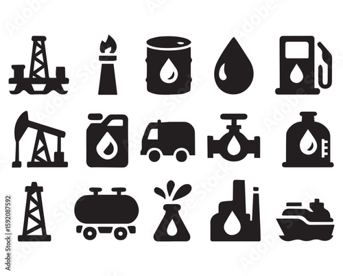 Circular Badge Style Black & White Icons for Oil & Gas.