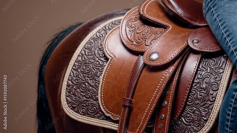Close-up of brown leather saddle with engraved floral patterns on horse back, equestrian tack symbolizing craftsmanship, tradition and luxury riding gear