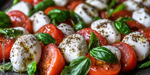 A close-up of caprese salad, captured in exquisite detail with rich textures, vibrant colors, and a beautifully composed background that highlights the freshness and visual appeal of the dish.