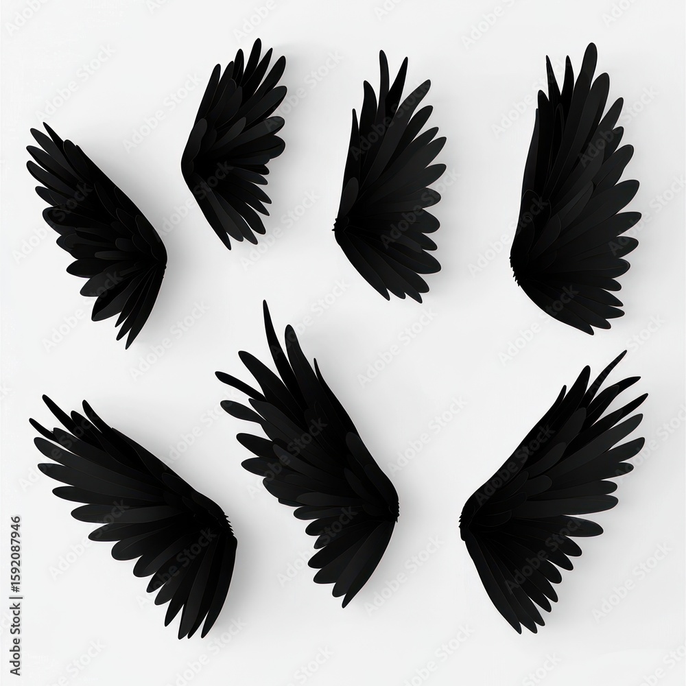 Fototapeta premium Seven black angel wings arranged on a white background