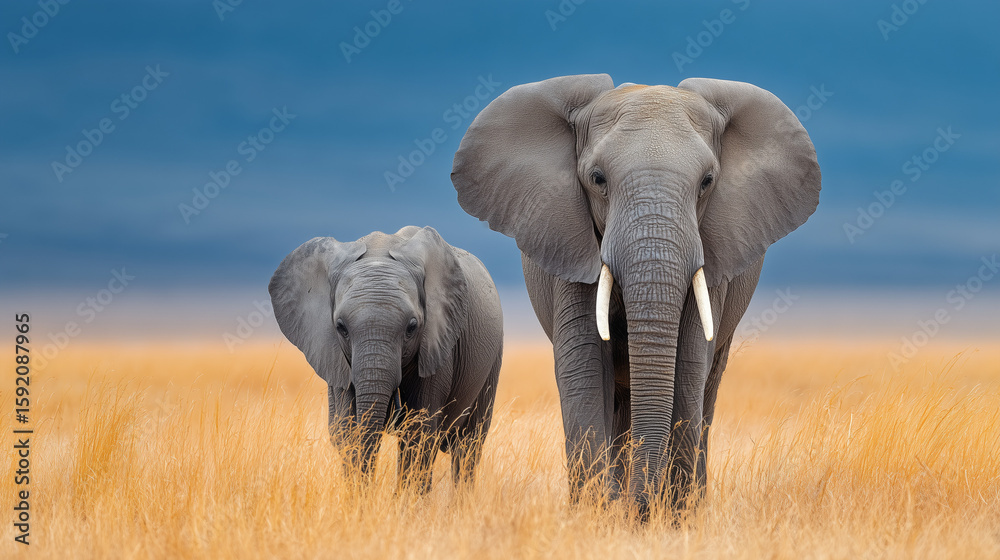 Fototapeta premium A mother African elephant and her calf walking together gracefully across the vast African grassland under a clear sky, symbolizing wildlife and family bond.