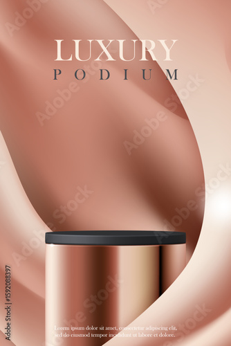 3D Luxury cosmetic podium with rose gold fabric background for advertising skincare brand, beauty ads, product display mockup, elegant website, discount promotion sale, wellness campaign. vector