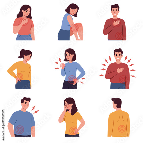 A collection of illustrations showing people experiencing various types of pain in different parts of their bodies.