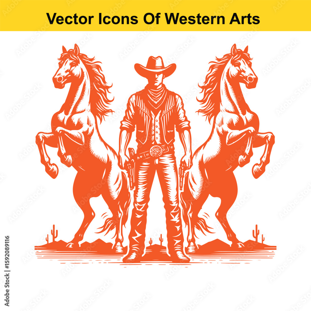 Fototapeta premium Cowboy with Two Rearing Horses – Black and White Western Vector Illustration