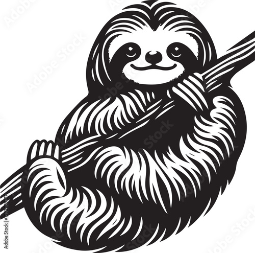 Charming black and white illustration of a cute sloth happily hanging from a tree branch, embodying relaxation and tropical wildlife serenity.