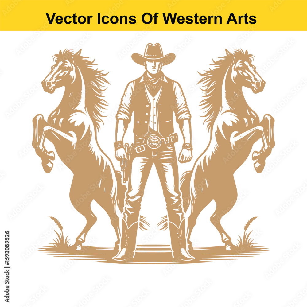 Fototapeta premium Cowboy with Two Rearing Horses – Black and White Western Vector Illustration