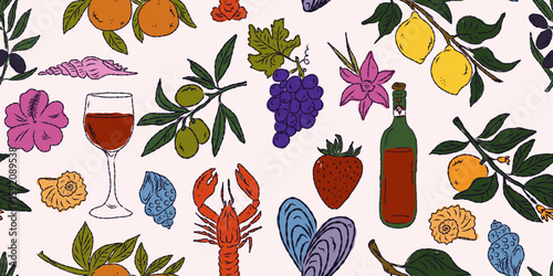 The Dolce Vita collection is a whimsical seamless pattern with vibrant color accents, inspired by the Mediterranean lifestyle. Hand-drawn sketch style