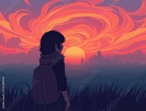 Modern flat design, vibrant complimentary colors, contrasting colors, balanced tones, simple two-dimensional shapes, silhouetted figure with medium hair, scarf, backpack, gazing at sunset