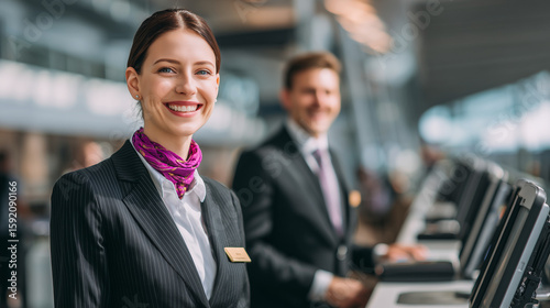 A professional counter staff assisting passengers at an airport, wearing uniform, smiling, working behind the check-in desk, modern airport environment, customer service.