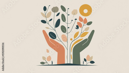 Stylized hands nurturing a plant under the sun.