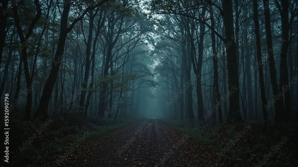 Fototapeta premium Fog entering mysterious dark forest road at dawn
