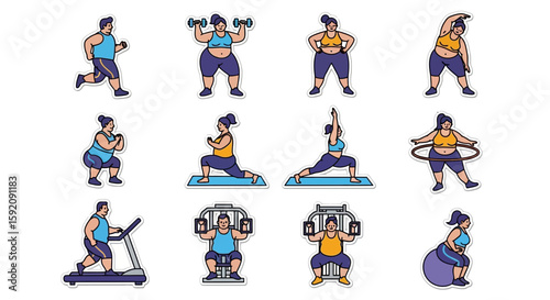 A collection of line art illustrations depicting a plus-size woman exercising in various ways, including running, weightlifting, yoga, and using gym equipment.