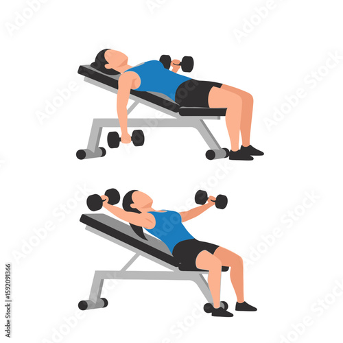 Woman demonstrating incline dumbbell fly exercise on a weight bench, showing both the starting and ending positions.
