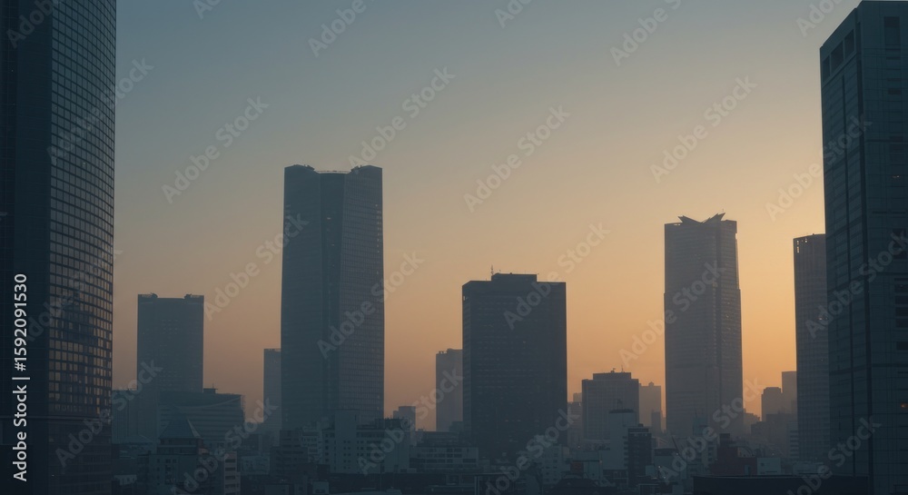 Fototapeta premium Serene cityscape panorama at twilight with tall modern buildings against a soft pastel sky