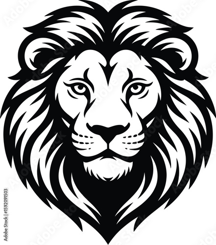 Illustration of a lion's head with a prominent mane in black and white on a plain white background