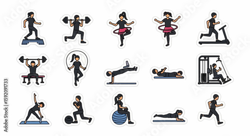 Collection of diverse fitness activities depicted as vector illustrations, including weightlifting, running, yoga, and core exercises, against a white background.