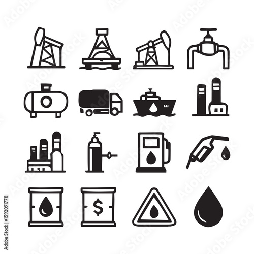  Black & White Silhouette Icons with Negative Space—Oil & Gas Set.