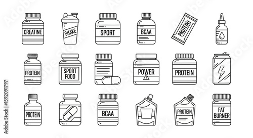 Line art illustration of various sports nutrition supplements including protein powder, creatine, BCAA, energy drinks, and fat burners in bottles, containers, and pouches.