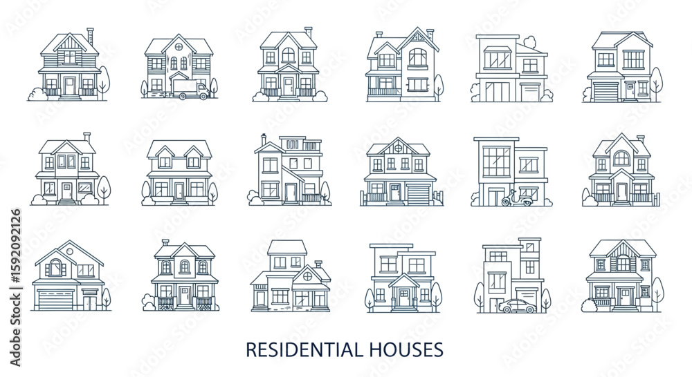 Fototapeta premium Collection of fifteen different residential house designs in a line art style, showcasing various architectural styles and layouts.