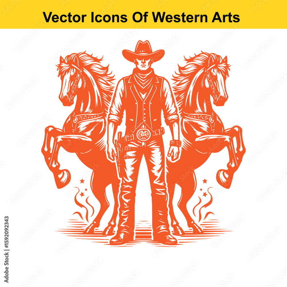 Fototapeta premium Cowboy with Two Rearing Horses – Black and White Western Vector Illustration