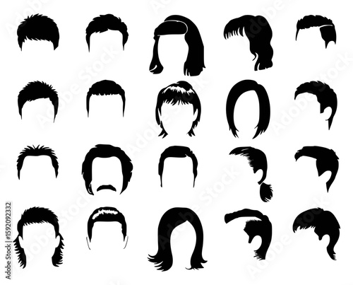 Collection of silhouette hair styles black and white vector illustration