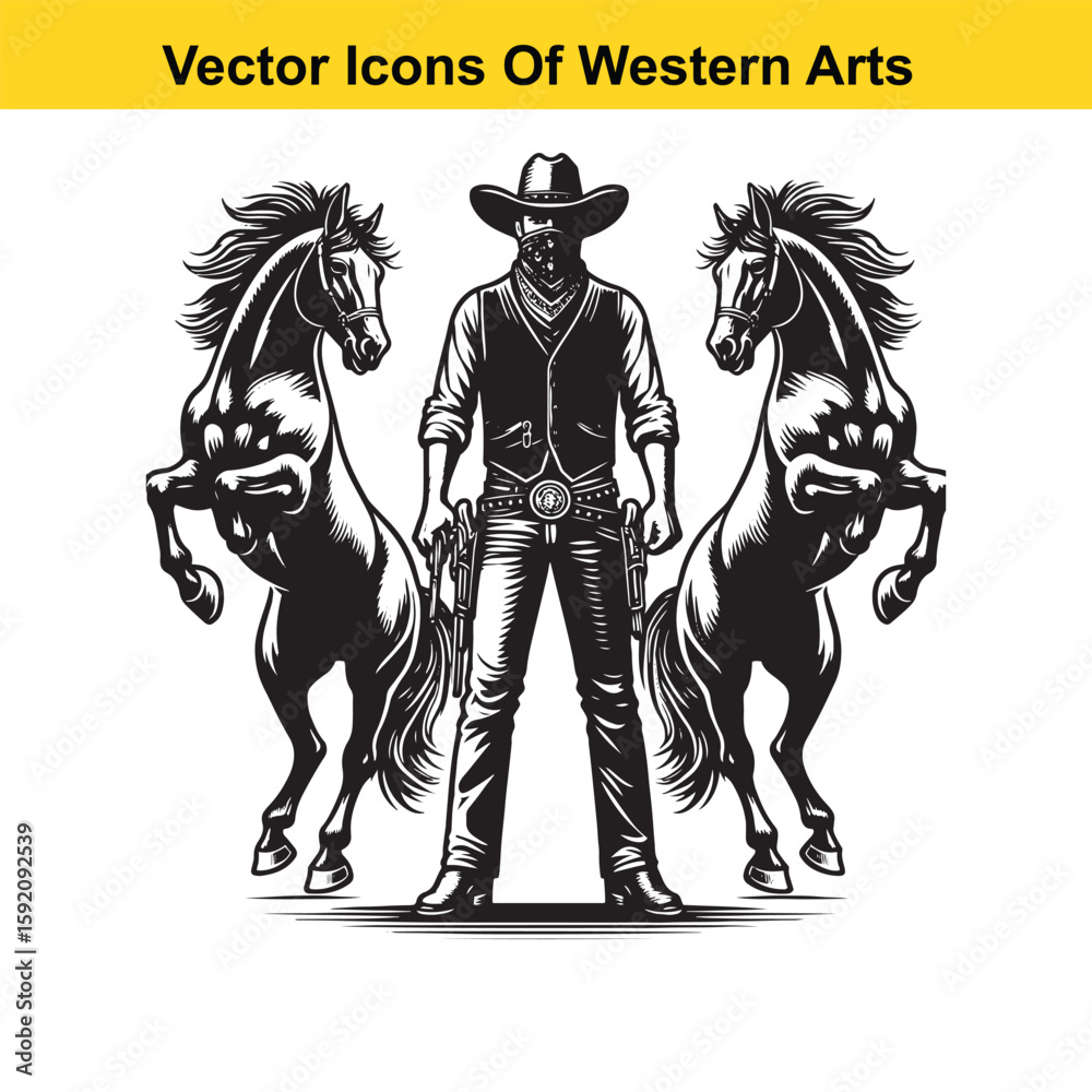Fototapeta premium Cowboy with Two Rearing Horses – Black and White Western Vector Illustration