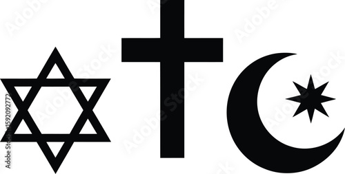 Three religious symbols representing judaism christianity and islam in black on a white background