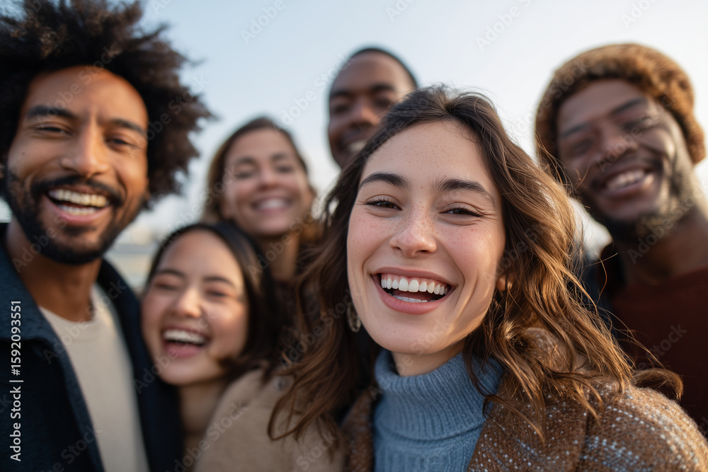 Obraz premium Happy diverse group of young friends smiling and enjoying a joyful moment together outdoors