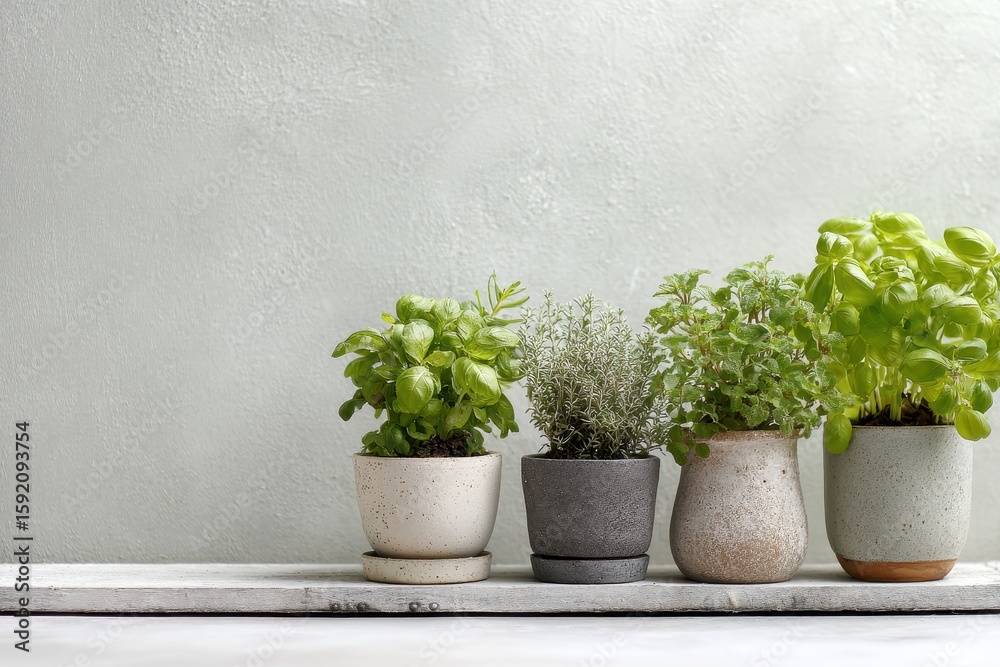 Fototapeta premium Green Herbal Plants in Pots on Minimalist Wooden Shelf