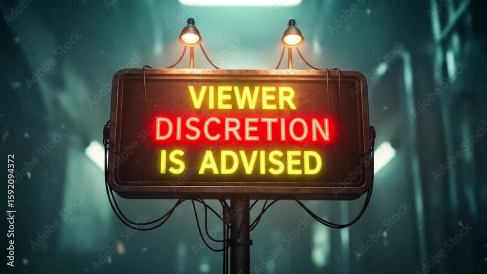 Retro-Futuristic 'Viewer Discretion Is Advised' Glowing Sign in Dark ...