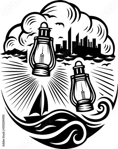 SVG skull and skeleton ghost in tattoo style. Vintage Lighthouse Illustration with Sailboat and City Skyline