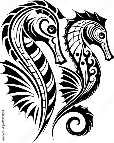 SVG skull and skeleton ghost in tattoo style. Intricate Black and White Seahorse Design for Artistic Inspiration