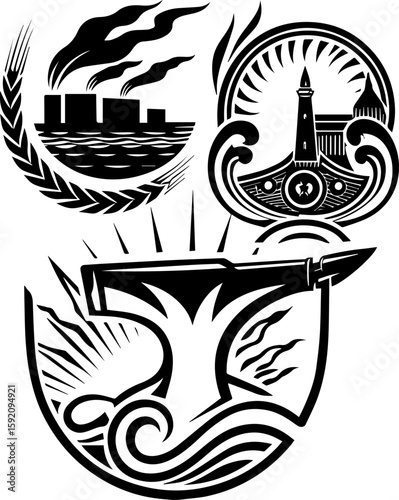 SVG skull and skeleton ghost in tattoo style. Abstract Industrial Design Featuring Anvil, Smoke and Cityscape Elements