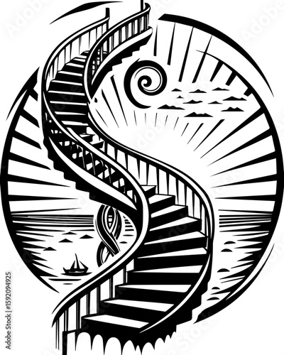 SVG skull and skeleton ghost in tattoo style. Elegant Spiral Staircase Design in Monochrome Artistic Style