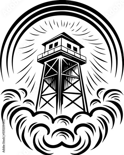 SVG skull and skeleton ghost in tattoo style. Black and White Illustration of a Stylized Lighthouse Scene