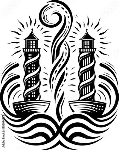 SVG skull and skeleton ghost in tattoo style. Black and White Vintage Lighthouse Design with Waves and Spirals